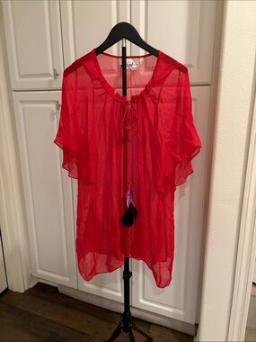 YaYa Aflalo Sheer Red Tie-Front Flutter Sleeve Tunic